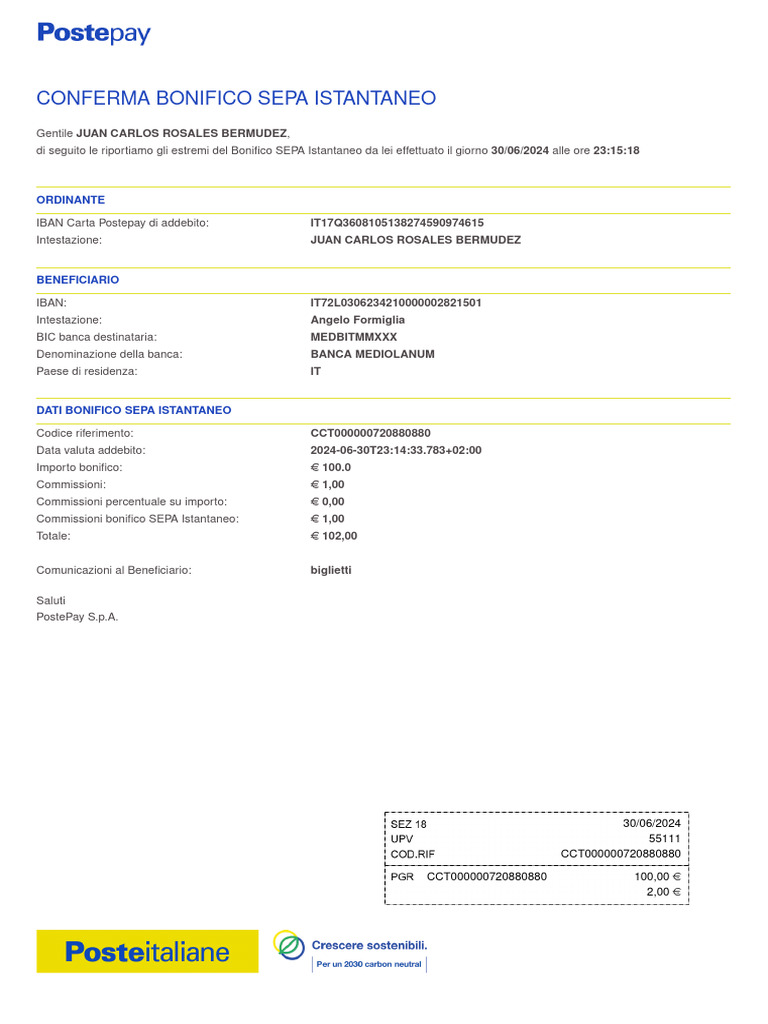 Ricevuta Bonifico Istantaneo 20240630 PDF | PDF
