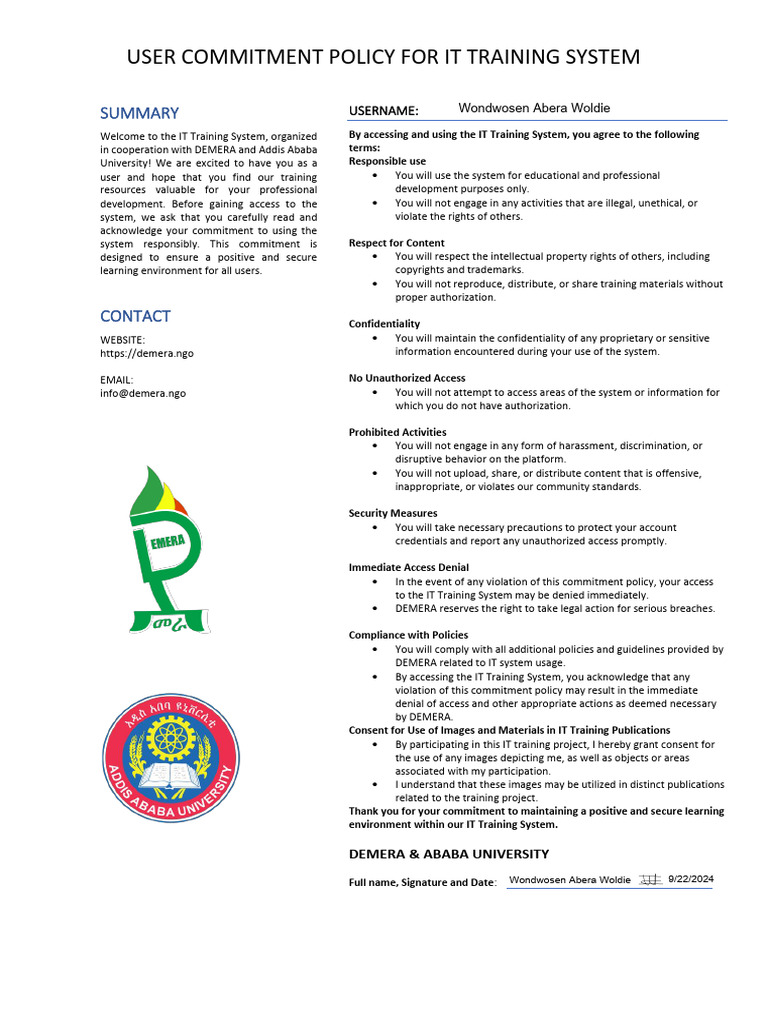 Wondwosen Abera User Commitment Policy For IT Training System AAU | PDF ...
