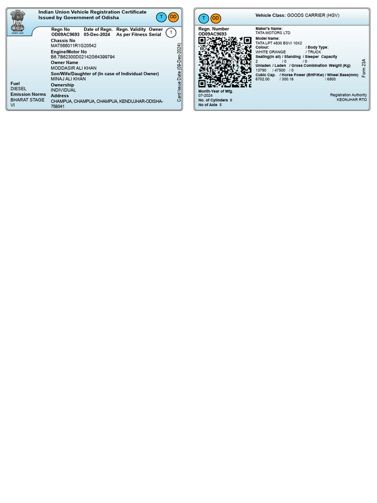 OD09AC9693 RC | PDF | Vehicle Technology | Wheeled Vehicles