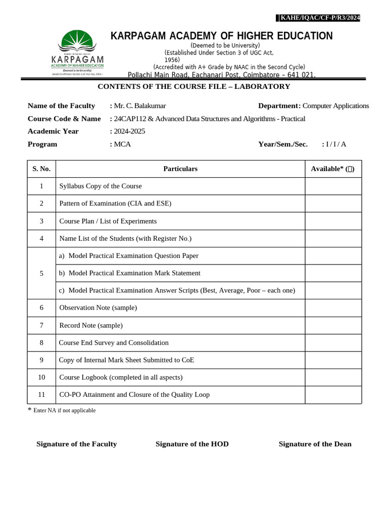 Contents of The Course File - Laboratory | PDF