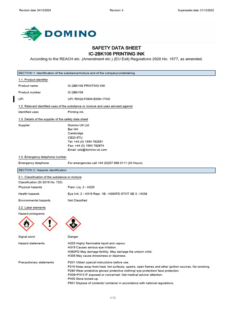 IC-2BK106 Printing Ink Safety Data | PDF | Toxicity | Dangerous Goods