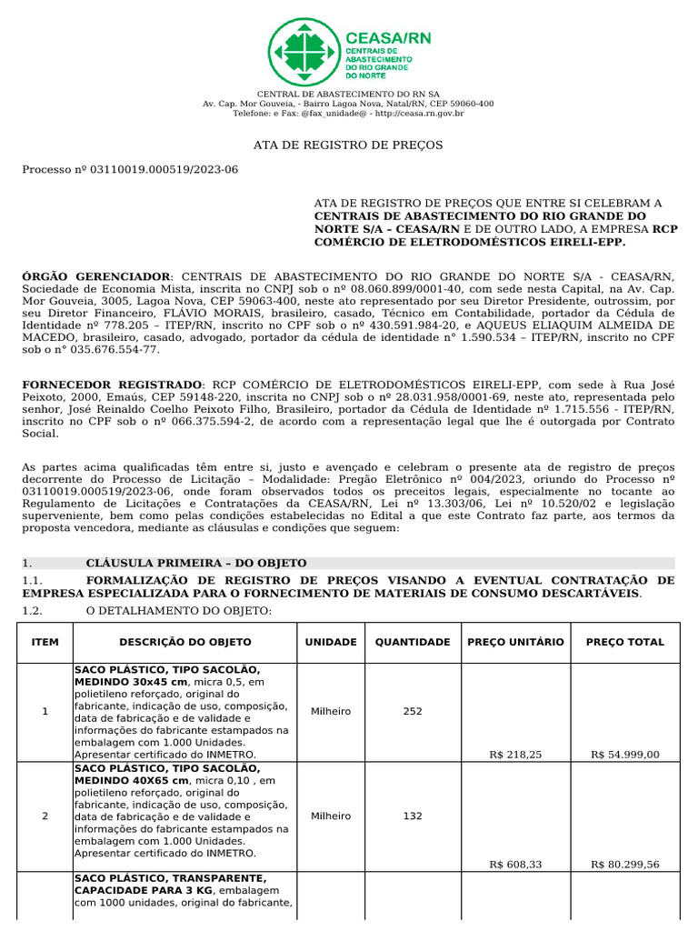 Ata de Registro de Preços - Registro de Preços Descartáveis | PDF ...