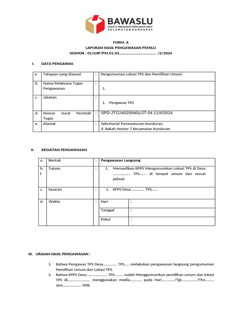 01 FORM A PENGAWASAN PENGUMUMAN PEMILUHAN UMUM DAN LOK TPS | PDF