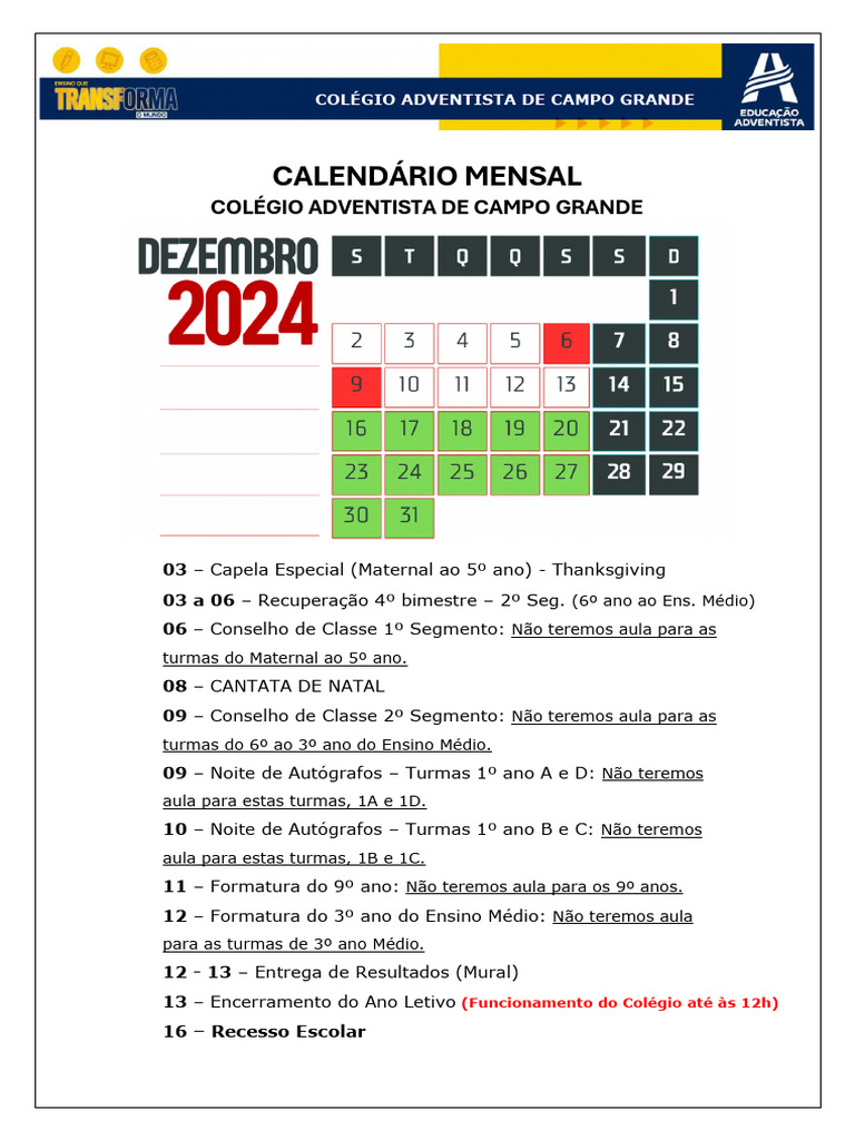 Calendário Escolar Dezembro 2024 | PDF
