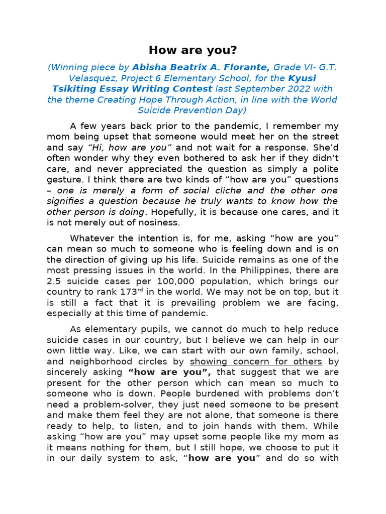 Essay Piece For World Suicide Prevention Day 2022 | PDF | Suicide ...
