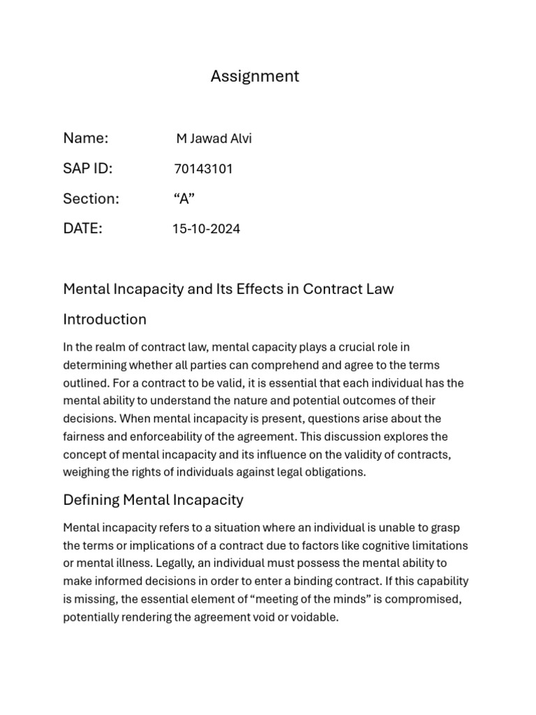 Mental Incapacity in Contract Law | PDF | Legal Guardian | Consent