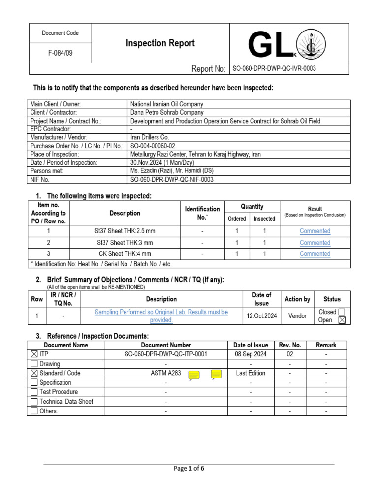 Sohrab Oil Field Inspection Report | PDF | Hardness | Materials