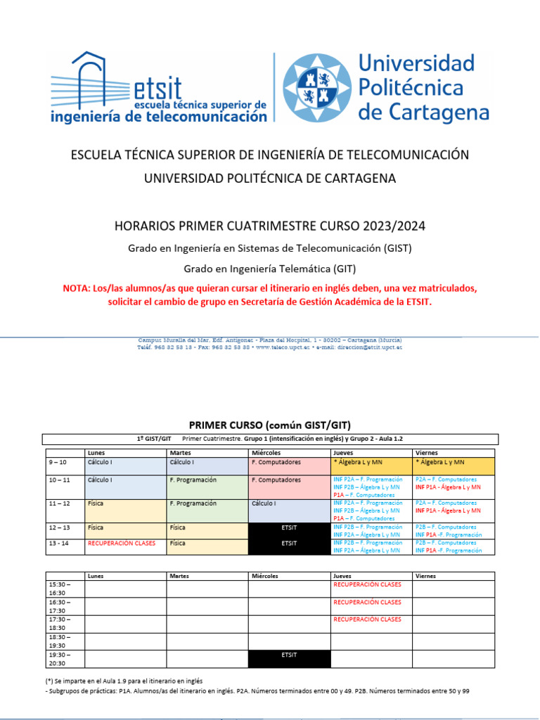 Horarios Grados ETSIT Primer Cuatrimestre 2023-24 | PDF | Ciencias ...