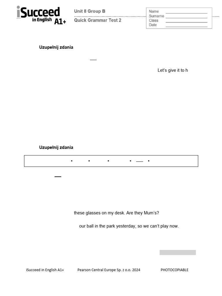 Isucceed - A1P - Unit 8 - Quick Grammar Test 2 - Group B | PDF