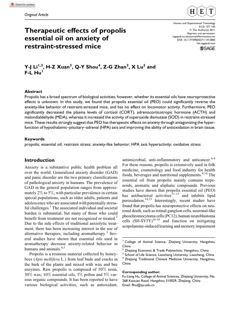 Li Et Al 2011 Therapeutic Effects of Propolis Essential Oil On Anxiety ...