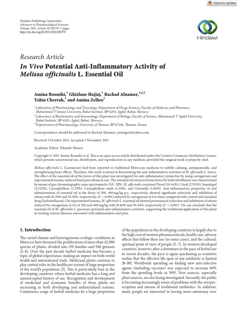 Anti-Inflammatory Effects of Melissa Oil | PDF | Pharmacology | Anti ...