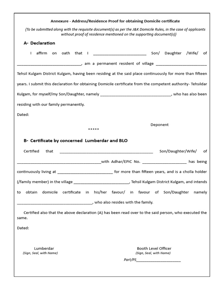 Kulgam Domicile Certificate Annexure | PDF