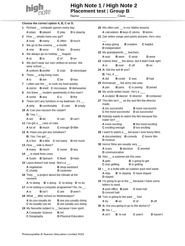 HighNote1 HighNote2 Placement Test GroupB 4 | PDF