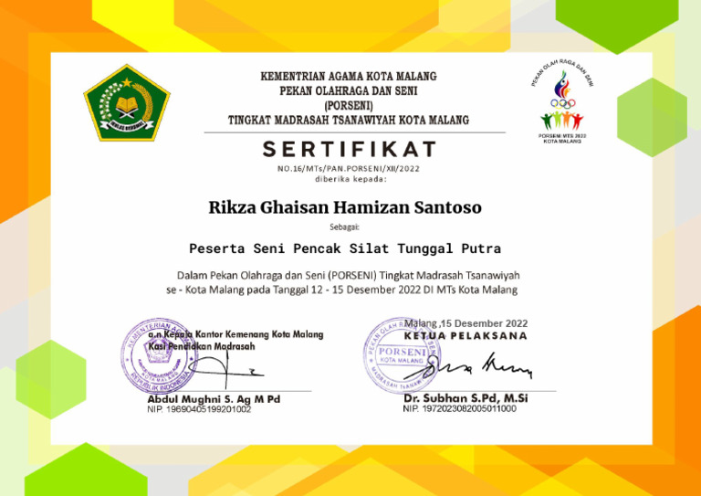 E Sertifikat Rikza Ghaisan Hamizan Santoso Dari MTs - Muhammadiyah 1 ...