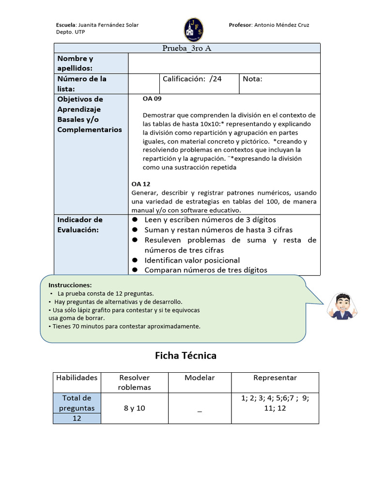Prueba de Matemáticas 3ro A: Evaluación | PDF | Cognición | Aprendizaje