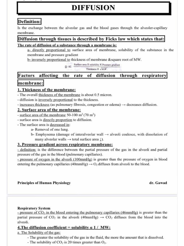 Diffusion, O2 and Co2 Transport | PDF