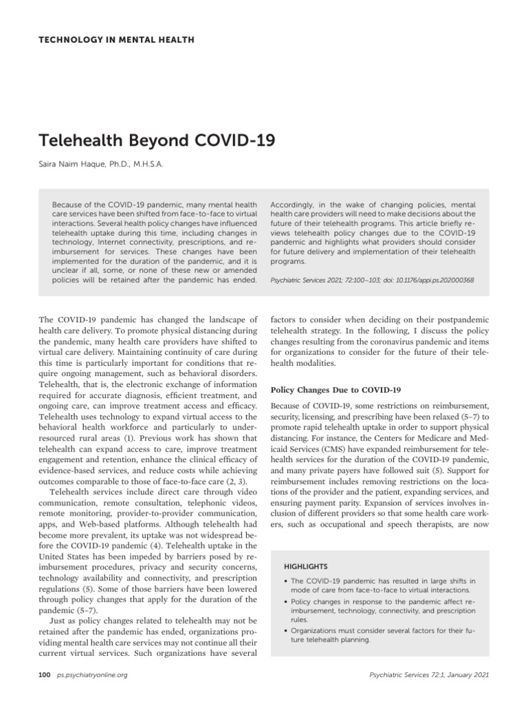 Haque 2020 Telehealth Beyond Covid 19 | PDF | Mental Health | Health Care