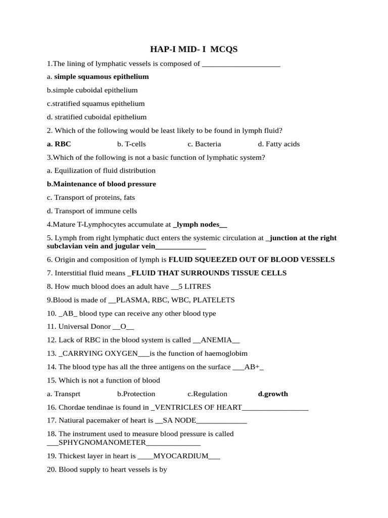 hap II mcqs mid I | PDF | Lymph | Blood