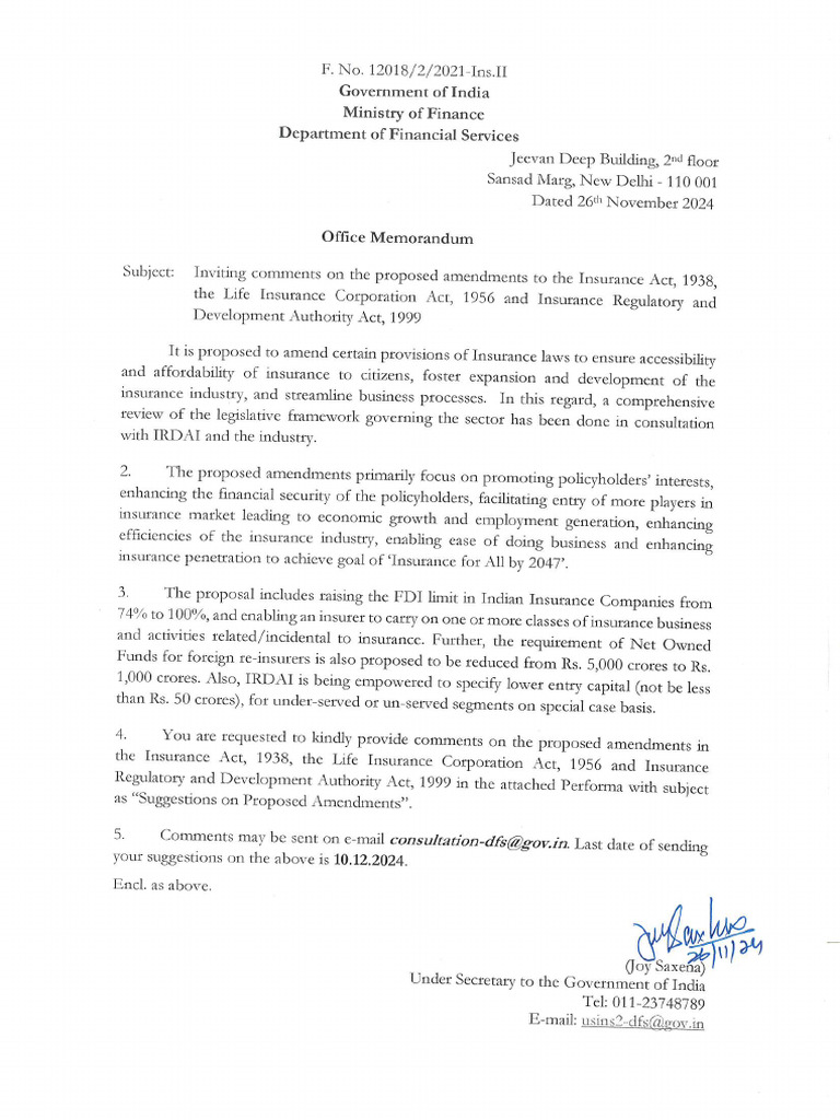 Public Comments On Proposed Amendments To Insurance Laws | PDF