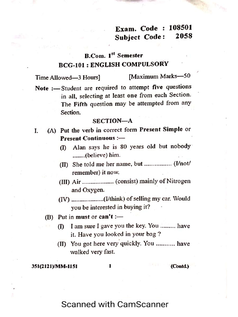English - Bcom - PH - 1st Sem - 2020 | PDF