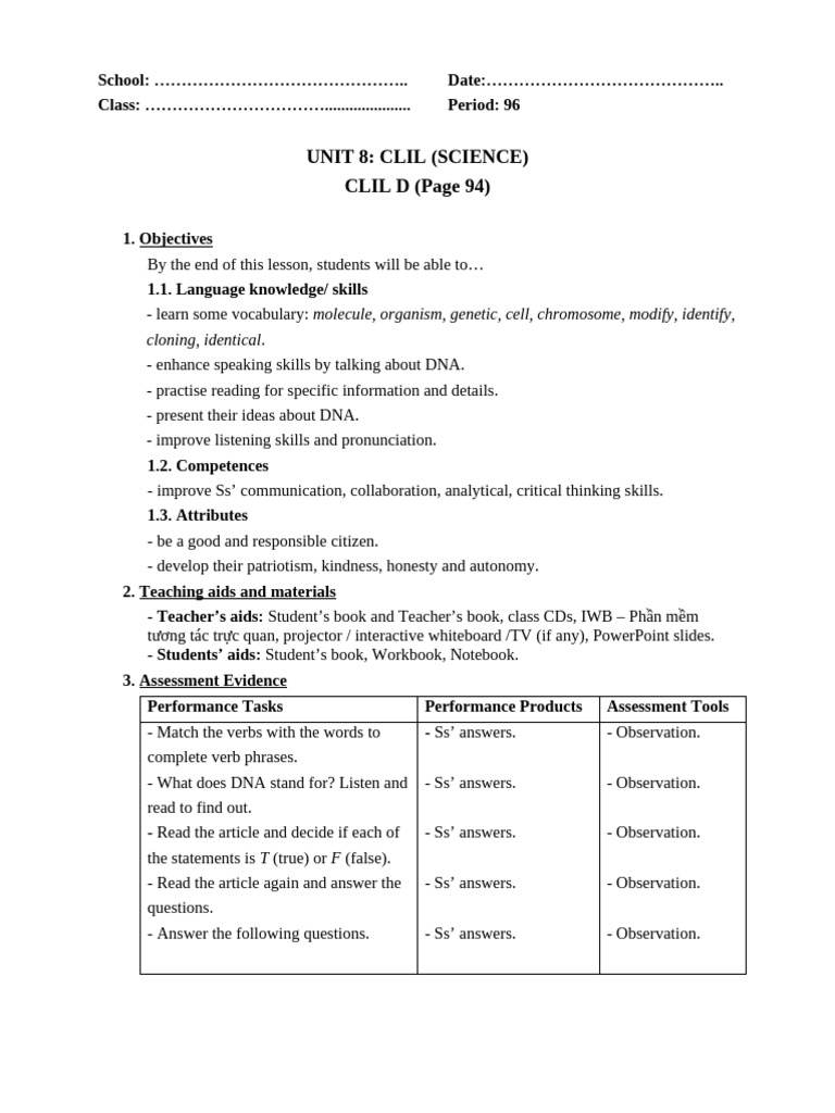 CLIL Science Lesson Plan on DNA | PDF | Dna | Question