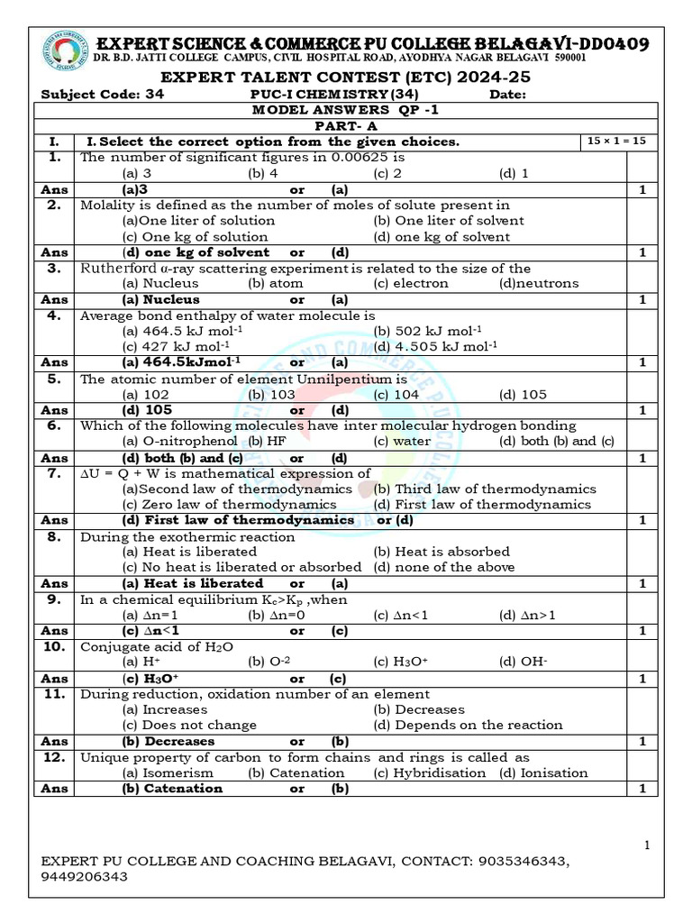 PU1 CHEMISRTY Etc SOLUTION PAPER 1 | PDF | Chemistry | Molecules