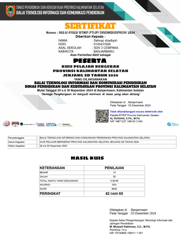 Sertifikat Kuis Pelajar Bergerak 2024 | PDF