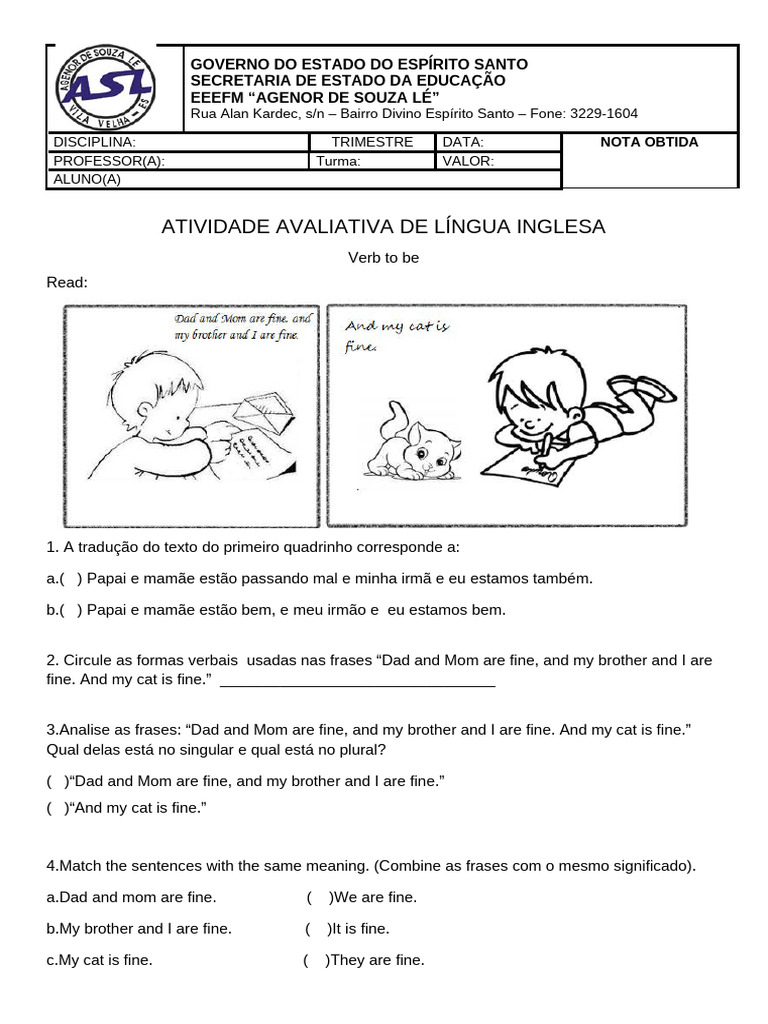 1º Ano Avaliação de Inglês Agenor | PDF | The Simpsons | Characters Created