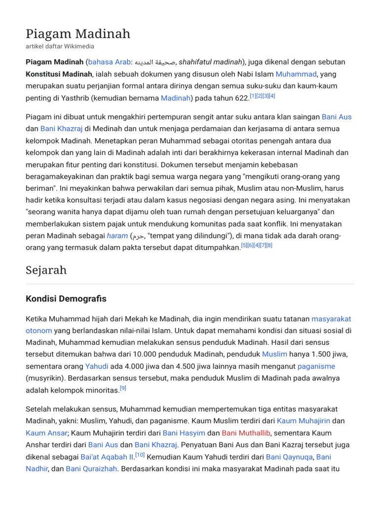 Piagam Madinah: Konstitusi Perdamaian 622 M | PDF