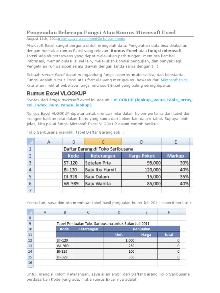 Pen Gen Alan Beberapa Fungsi Atau Rumus Microsoft Excel