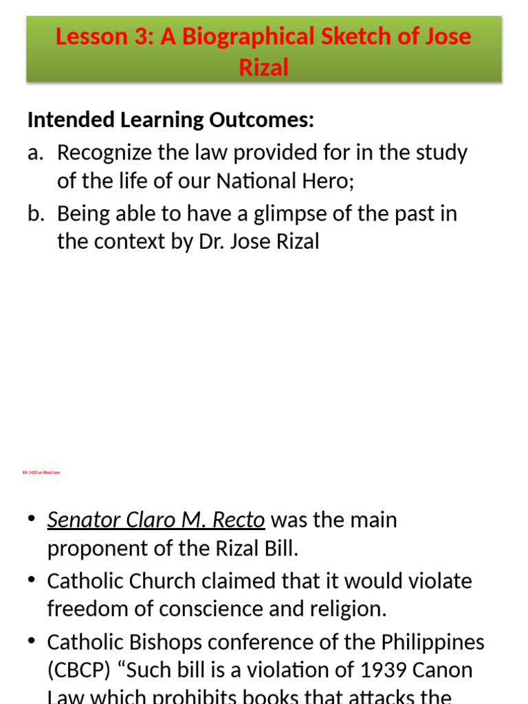 Lesson 3: A Biographical Sketch of Jose Rizal: Intended Learning ...