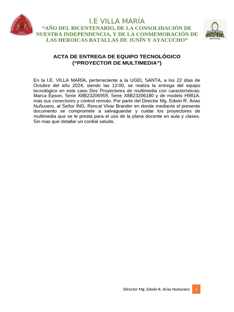 Acta de Entrega Equipos Tecnológicos | PDF