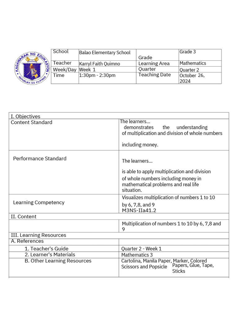Grade 3 Math Lesson Plan: Multiplication | PDF | Multiplication ...