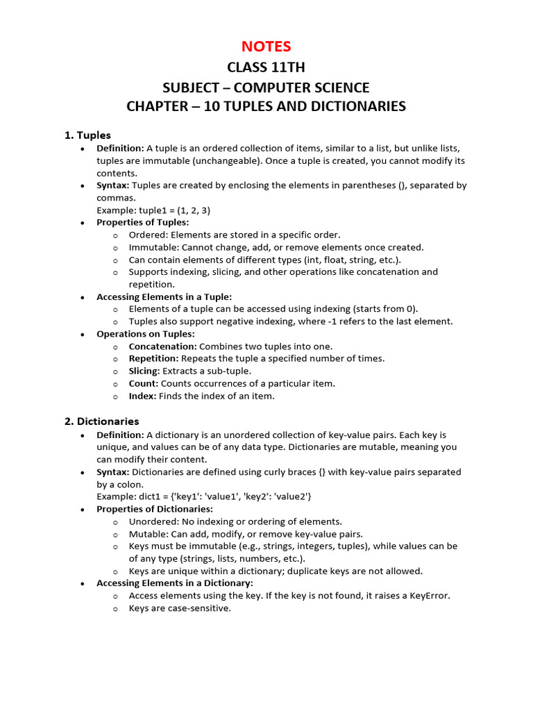 Class 11 Computer Science: Tuples & Dictionaries | PDF