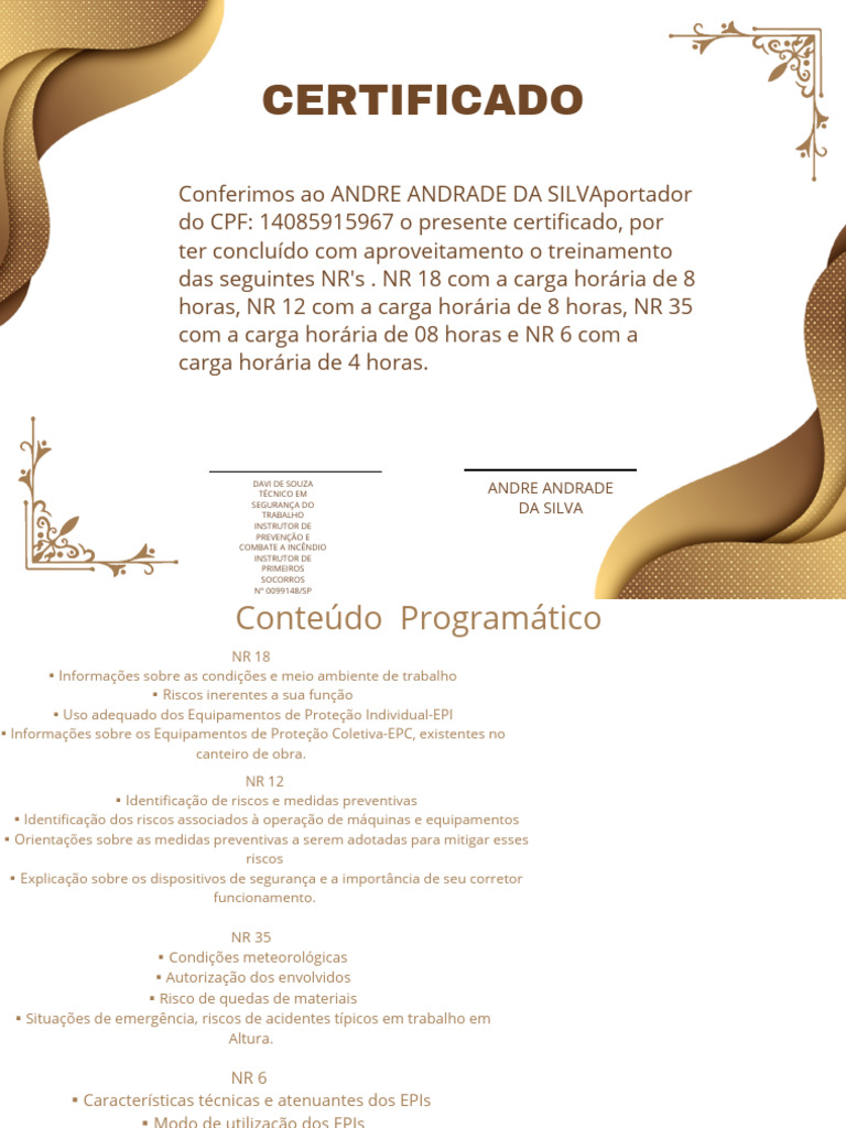 Certificado de Treinamento em NR's | PDF