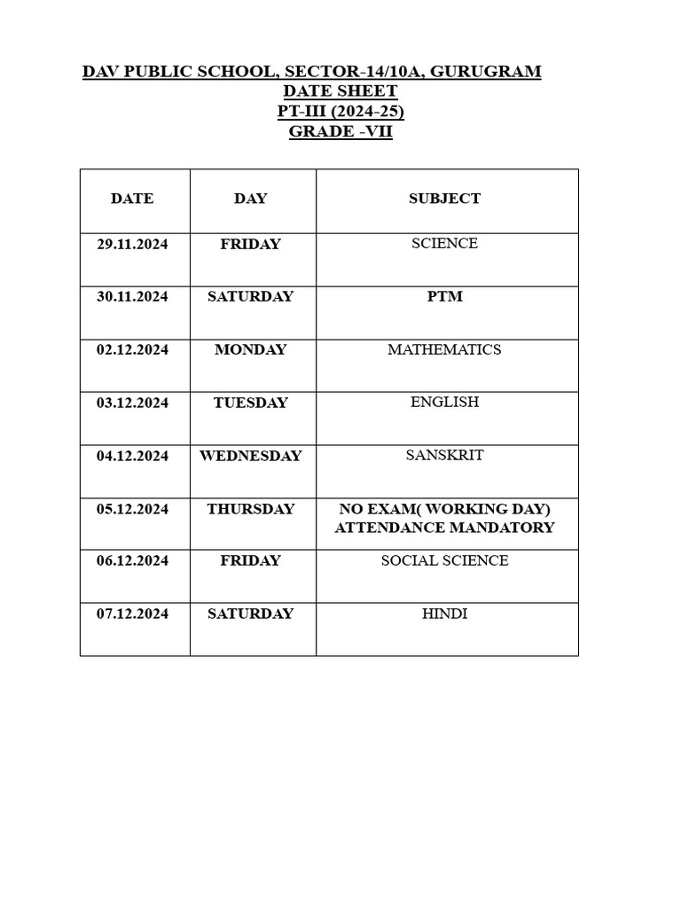 Class 7 Exam Date Sheet 2024 | PDF
