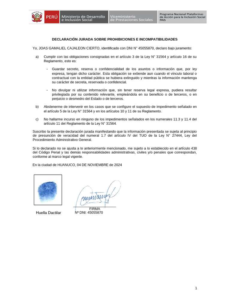 Declaracion Jurada Prohibiciones | PDF