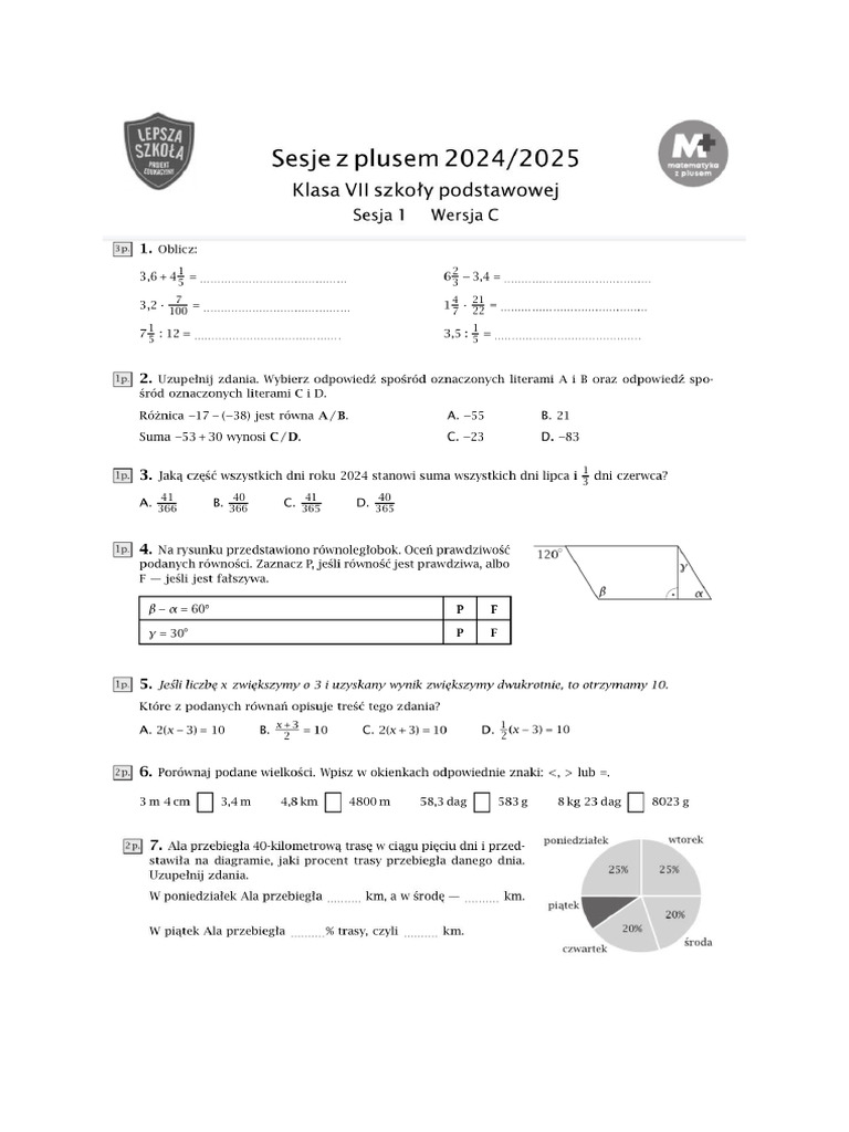 Sesje z plusem 2024 2025 Klasa VII szkoły podstawowej Sesja 1 Wersja C ...