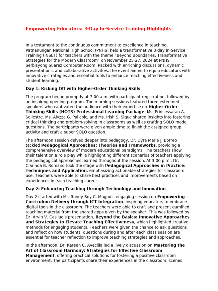 INSET NARRATIVE | PDF | Pedagogy | Teachers