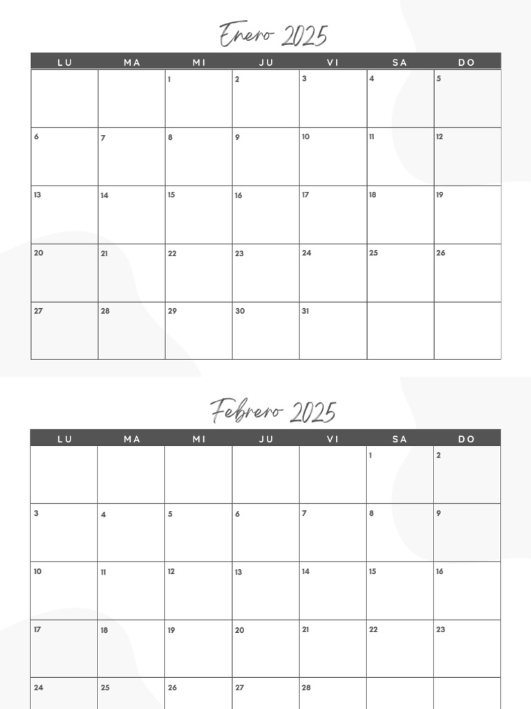 Calendario Mensual 2025 Minimalista Blanco y Negro PDF