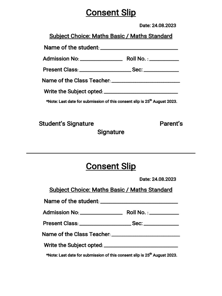 Maths Subject Choice Consent Slip | PDF