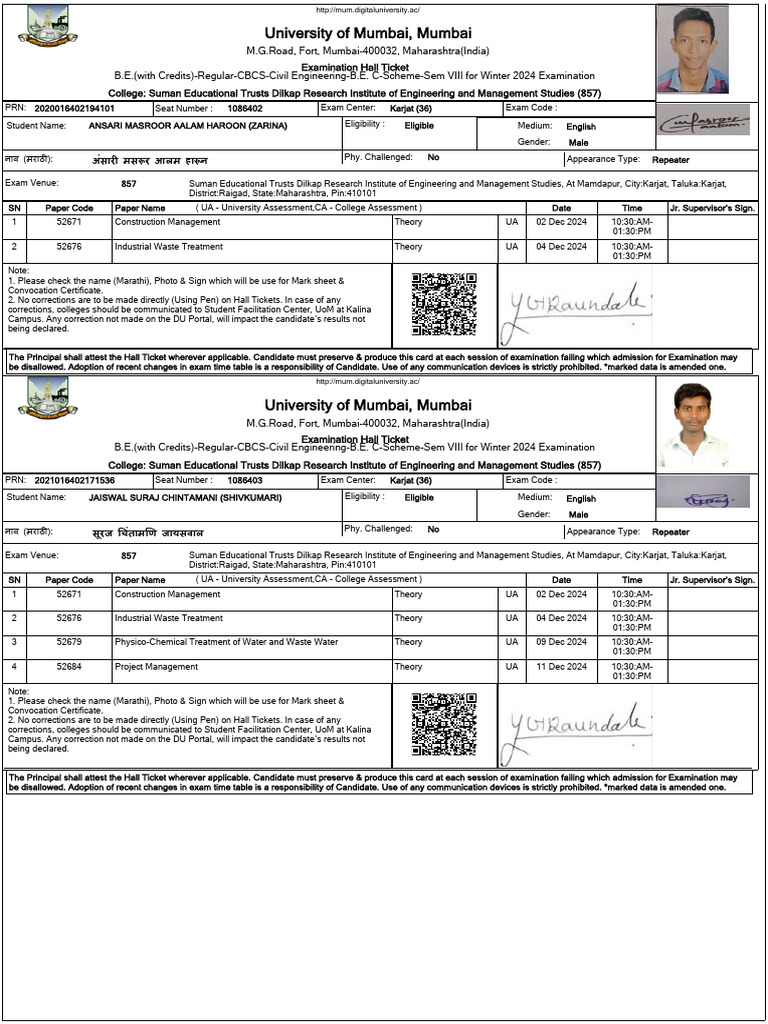 Civil Be Sem Viii KT Hall Ticket 2024 | PDF
