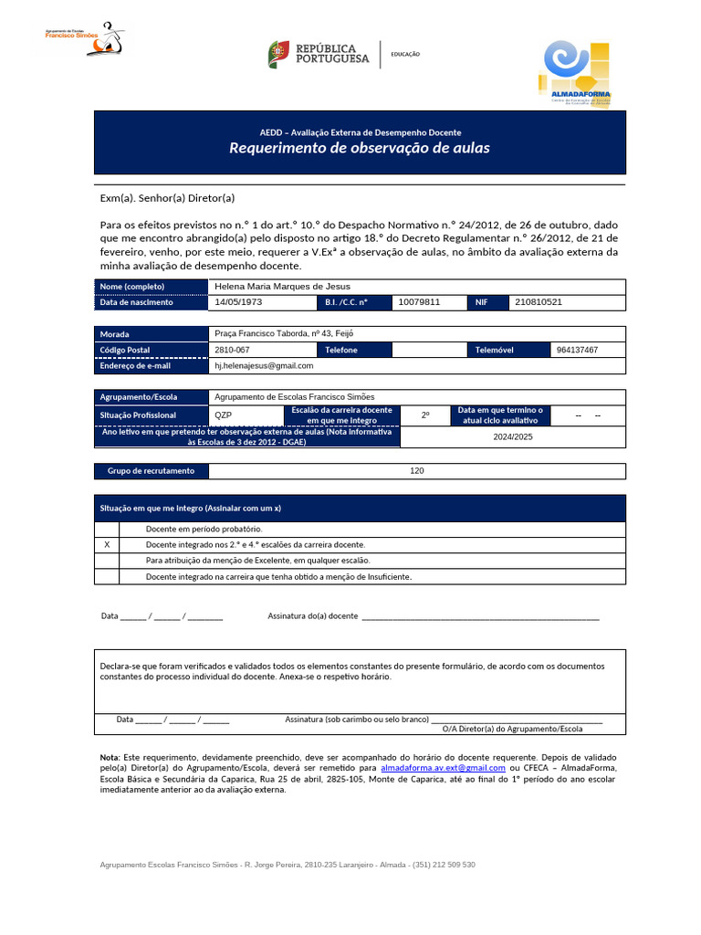 Requerimento de Observação de Aulas AEDD | PDF