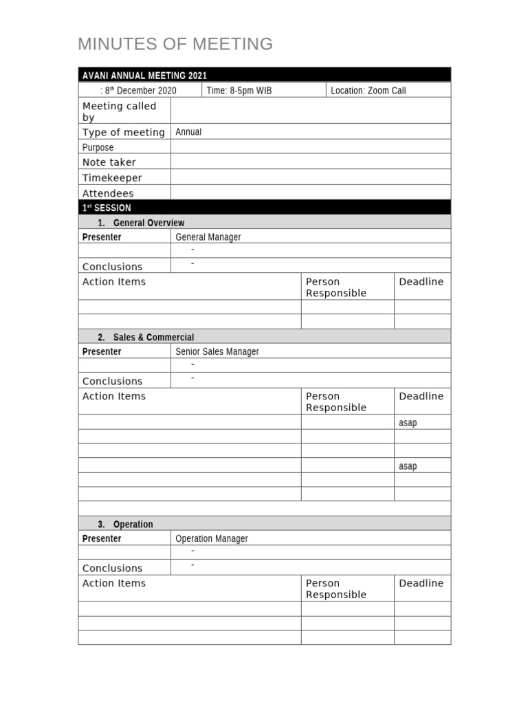 Template Minutes of Meeting - ANNUAL MEETING | PDF