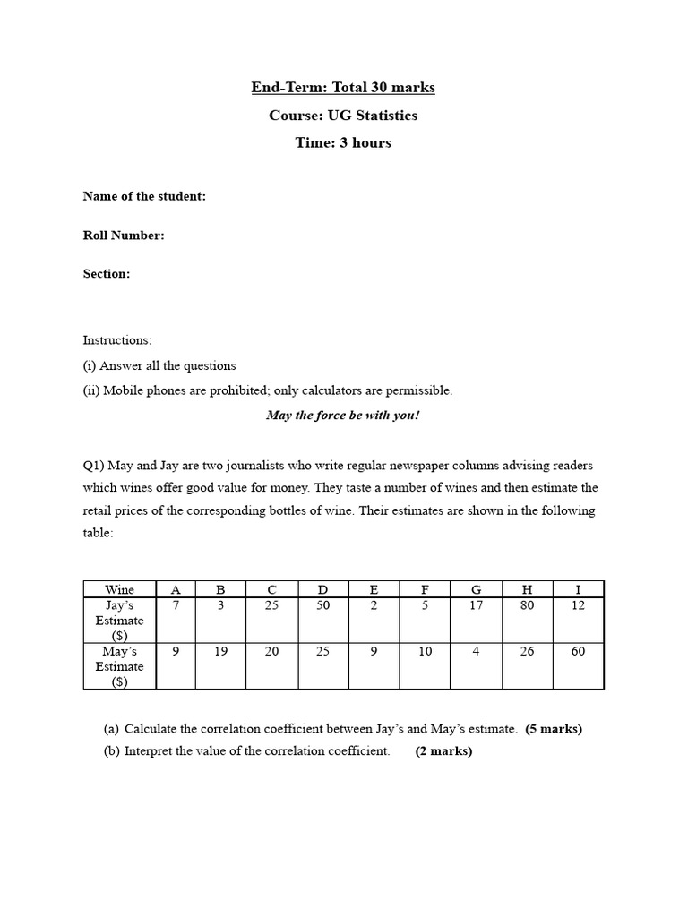 Final End-Term Question Paper | PDF | Regression Analysis ...