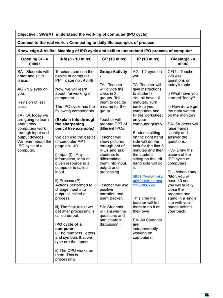 SWBAT Understand The Working of Computer (IPO Cycle) | PDF