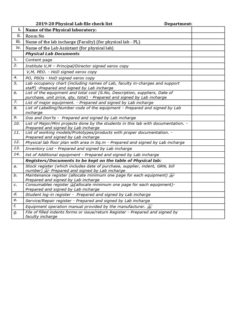 Physical Lab File Checklist 2019-20 | PDF