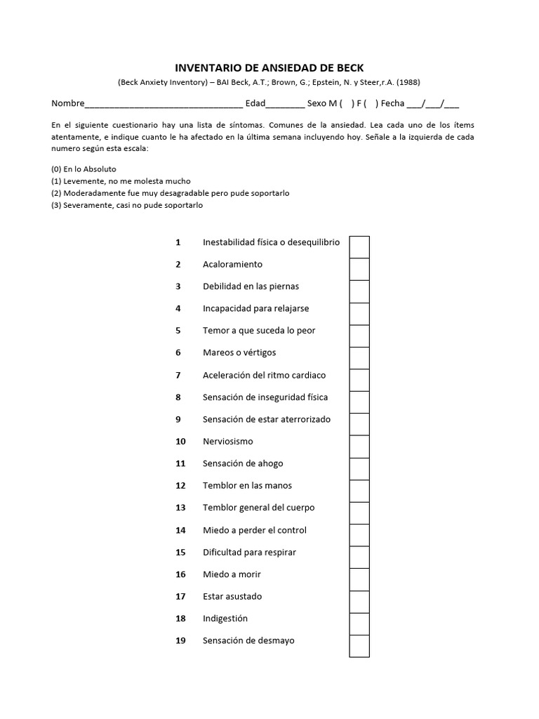 Inventario de Ansiedad de Beck (BAI) | PDF | Ansiedad | Sicología