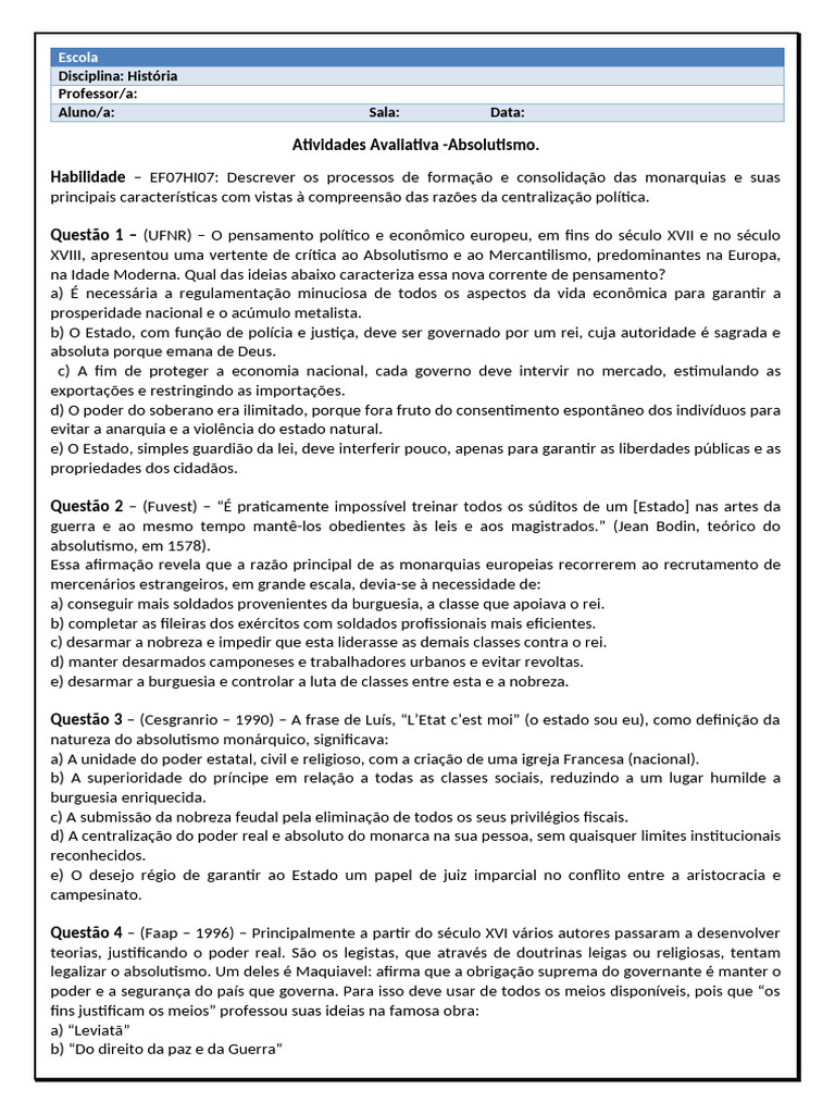 Atividades sobre Absolutismo na História | PDF | Estado | Idade Moderna
