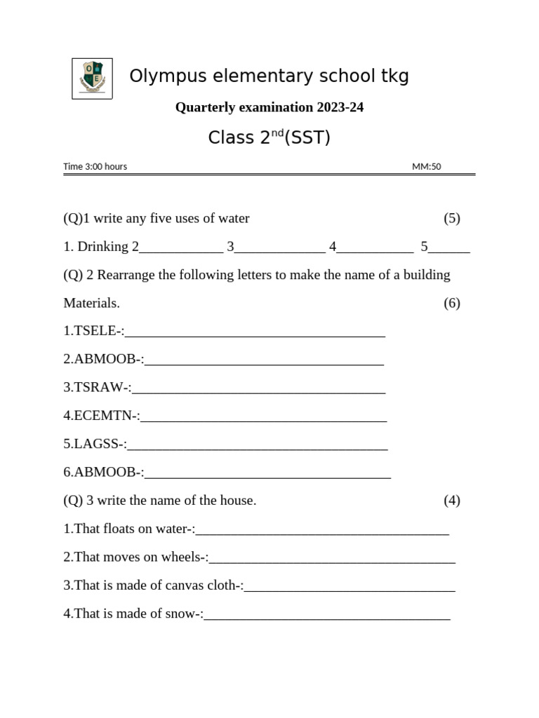 Class 2 SST Quarterly Exam 2023-24 | PDF | Foods | Eating Behaviors Of ...